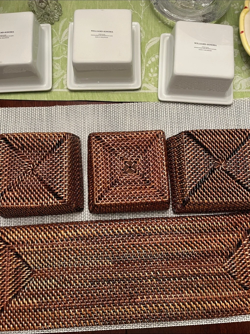 Williams Sonoma White Ceramic Triple Server with Woven Tray